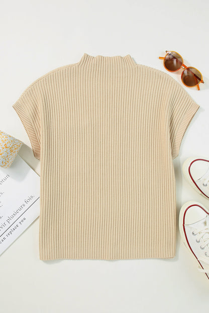 Dark Blue Patch Pocket Ribbed Knit Short Sleeve Sweater