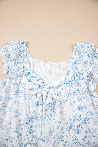 Pink Floral Ruffle Short Sleeve Bow Back Blouse