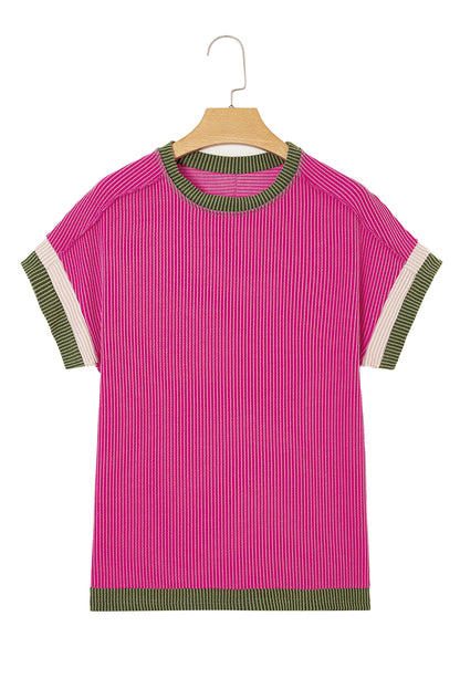 Rose Red Textured Colorblock Round Neck T Shirt
