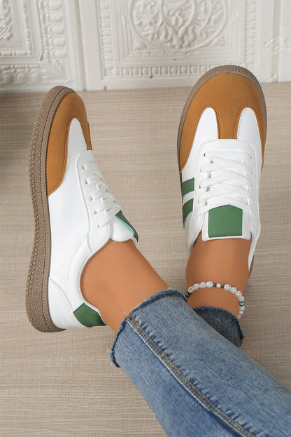 White Faux Leather Lace Up Flat Sneakers