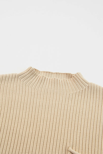 Dark Blue Patch Pocket Ribbed Knit Short Sleeve Sweater