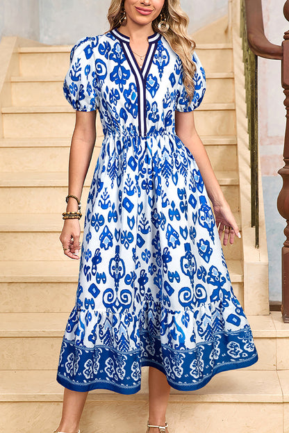Sky Blue Floral Ruffle Hem Pop of Color Neckline Dress
