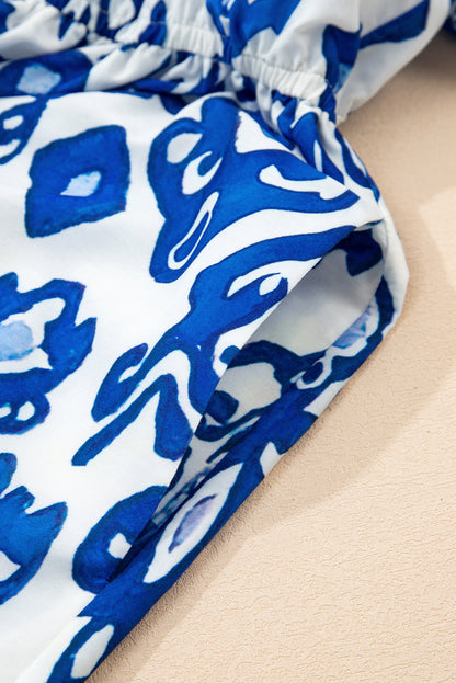 Sky Blue Floral Ruffle Hem Pop of Color Neckline Dress