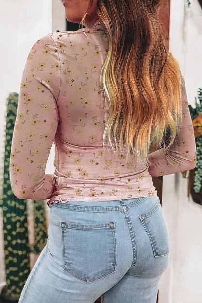 Sky Blue Floral Print Mesh Slim Fit Long Sleeve Top