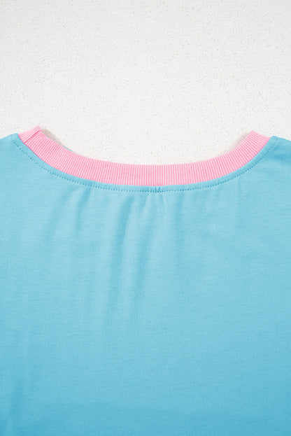 Turquoise Colorblock Edge Drop Shoulder T Shirt and Skort Set