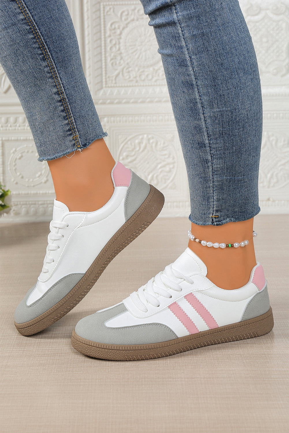 White Faux Leather Lace Up Flat Sneakers