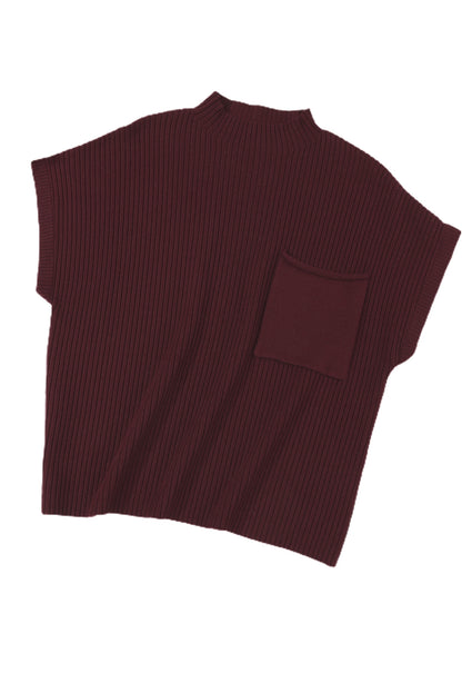 Dark Blue Patch Pocket Ribbed Knit Short Sleeve Sweater