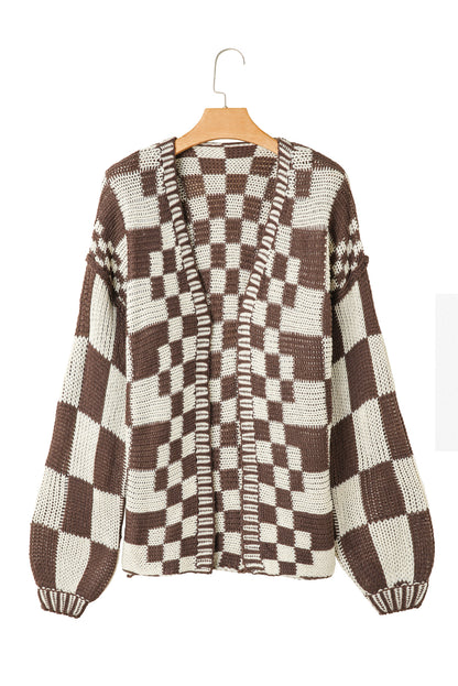 Taupe Colorblock Checked Open Front Knitted Cardigan