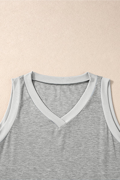 Gray Contrast Trim V-Neck Loose Fit Tank Top