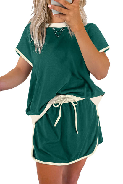 Turquoise Colorblock Edge Drop Shoulder T Shirt and Skort Set