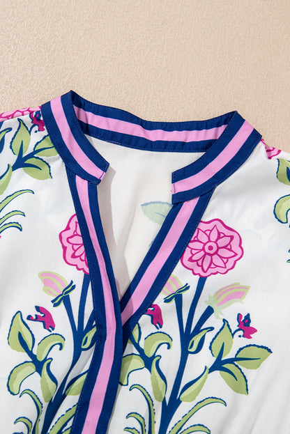 Sky Blue Floral Ruffle Hem Pop of Color Neckline Dress