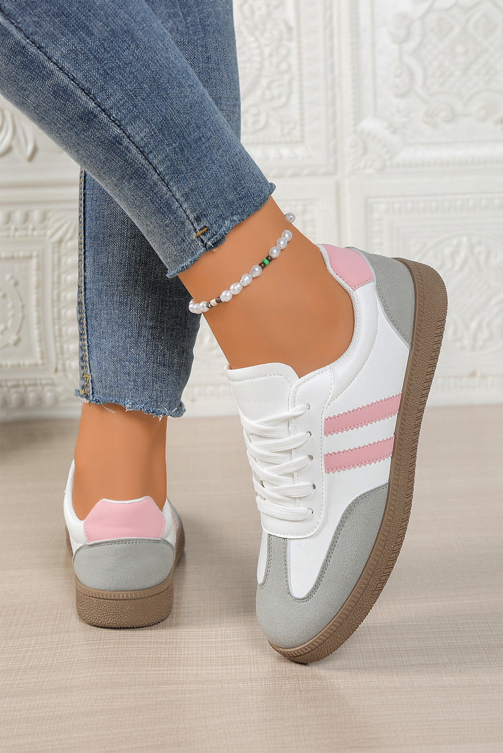 White Faux Leather Lace Up Flat Sneakers