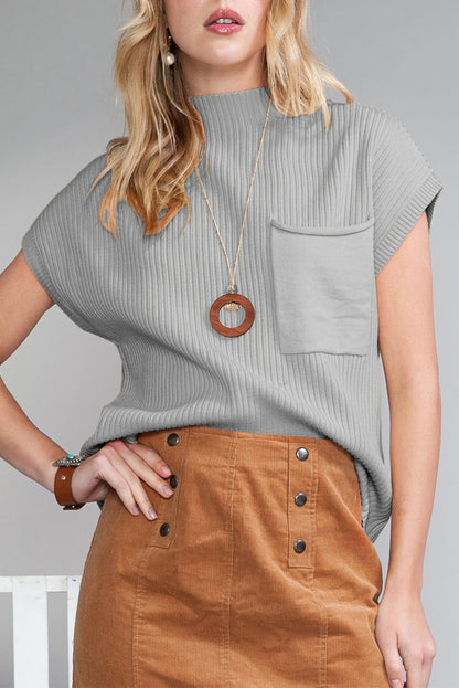 Dark Blue Patch Pocket Ribbed Knit Short Sleeve Sweater