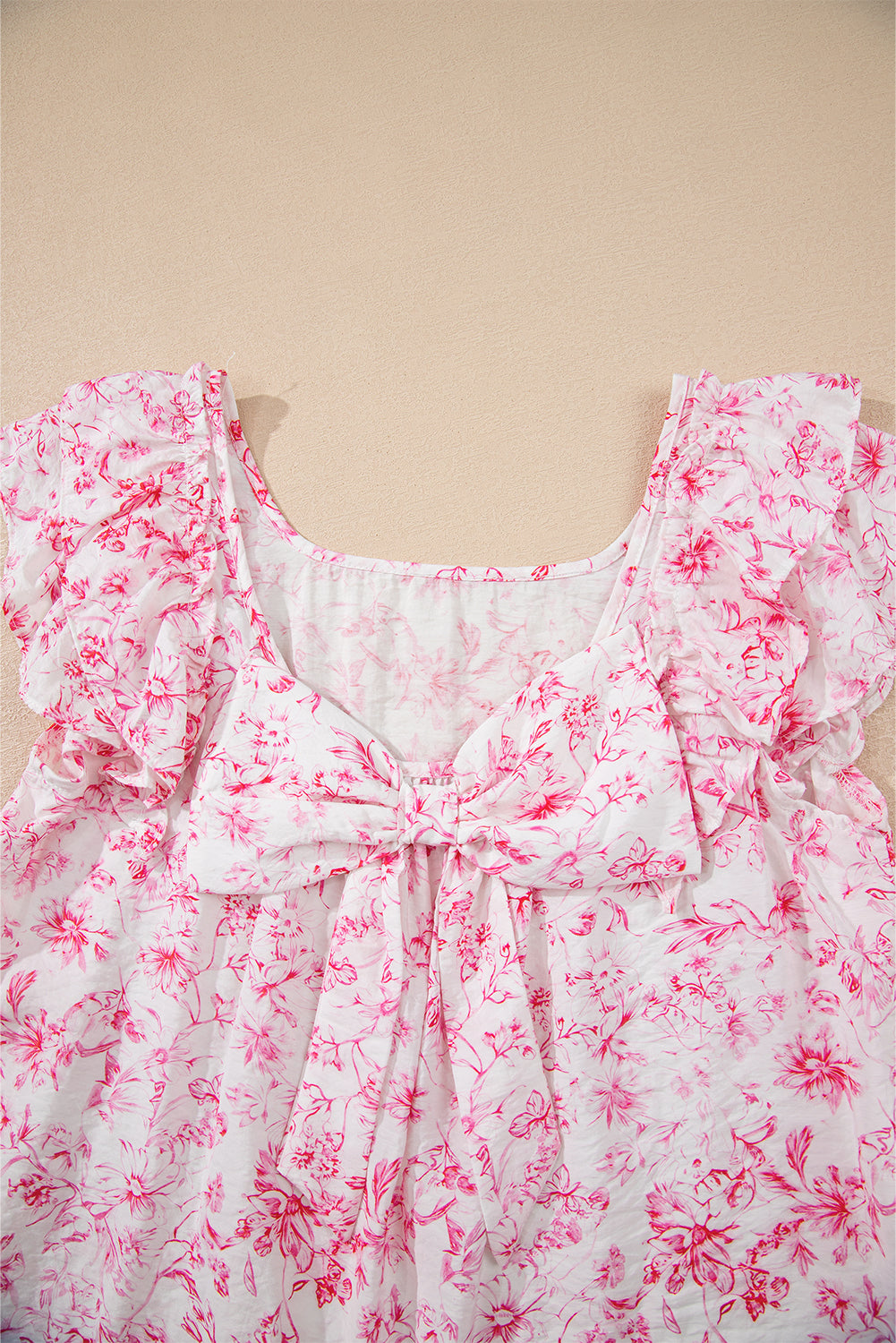 Pink Floral Ruffle Short Sleeve Bow Back Blouse