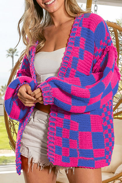 Taupe Colorblock Checked Open Front Knitted Cardigan