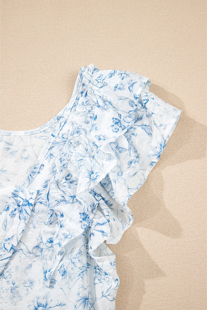 Pink Floral Ruffle Short Sleeve Bow Back Blouse