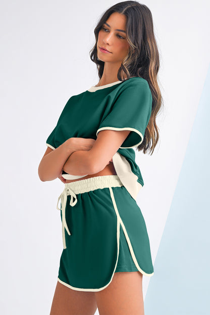 Turquoise Colorblock Edge Drop Shoulder T Shirt and Skort Set