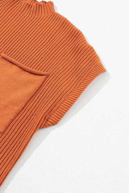Dark Blue Patch Pocket Ribbed Knit Short Sleeve Sweater