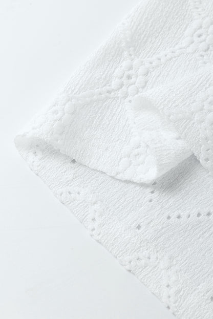 White Embroidered Floral Geometric Button Short Sleeve Top