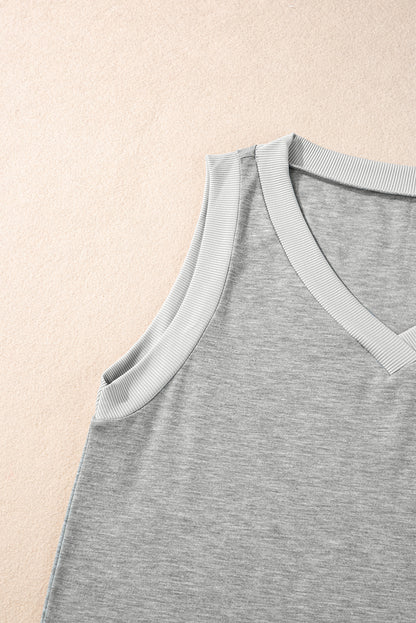 Gray Contrast Trim V-Neck Loose Fit Tank Top