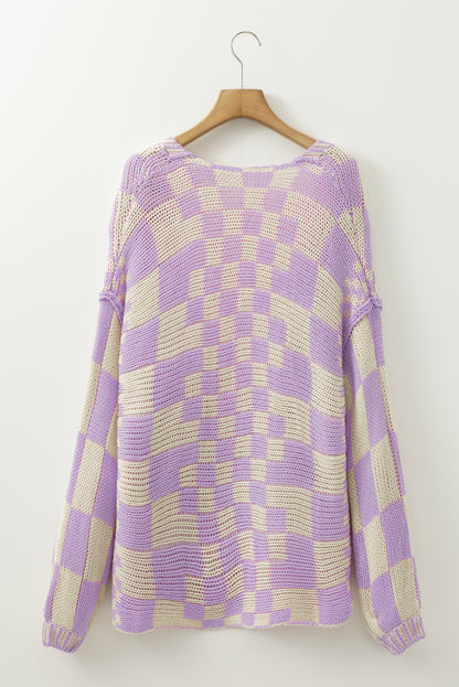 Taupe Colorblock Checked Open Front Knitted Cardigan