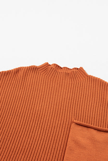 Dark Blue Patch Pocket Ribbed Knit Short Sleeve Sweater