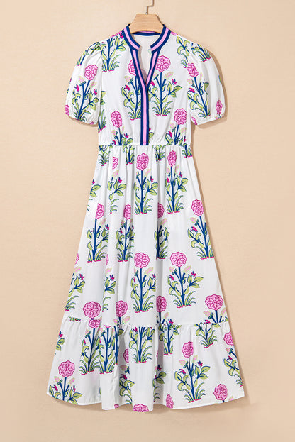 Sky Blue Floral Ruffle Hem Pop of Color Neckline Dress
