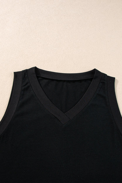 Gray Contrast Trim V-Neck Loose Fit Tank Top
