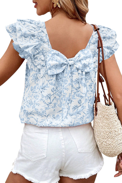 Pink Floral Ruffle Short Sleeve Bow Back Blouse
