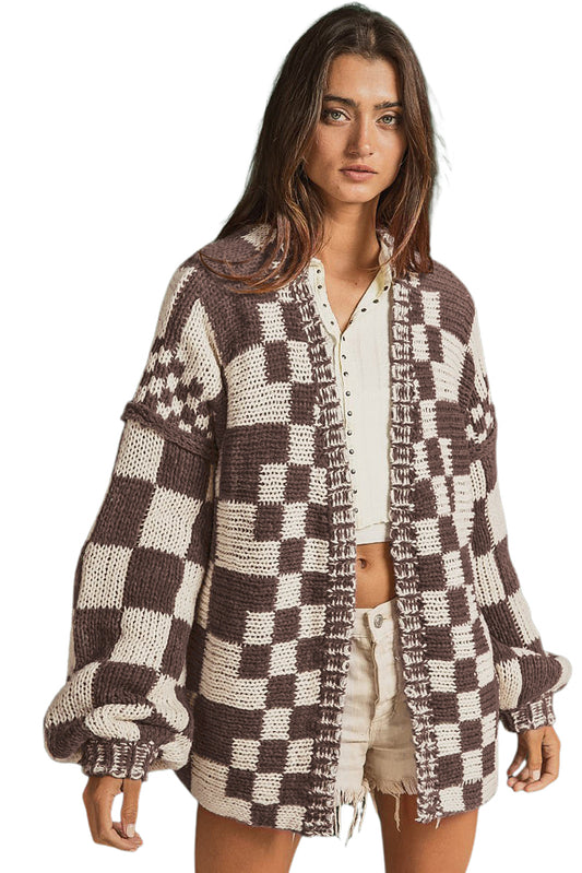 Taupe Colorblock Checked Open Front Knitted Cardigan