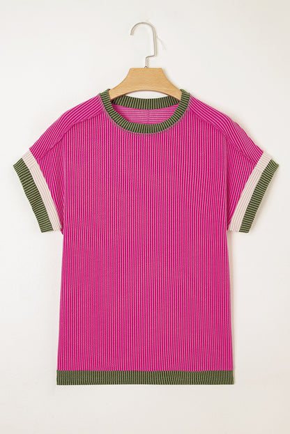 Rose Red Textured Colorblock Round Neck T Shirt