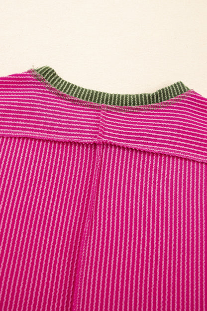 Rose Red Textured Colorblock Round Neck T Shirt