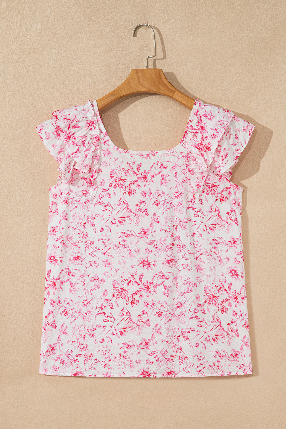 Pink Floral Ruffle Short Sleeve Bow Back Blouse