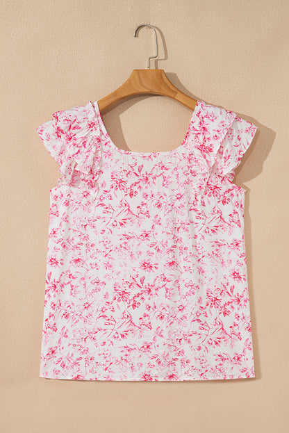 Pink Floral Ruffle Short Sleeve Bow Back Blouse