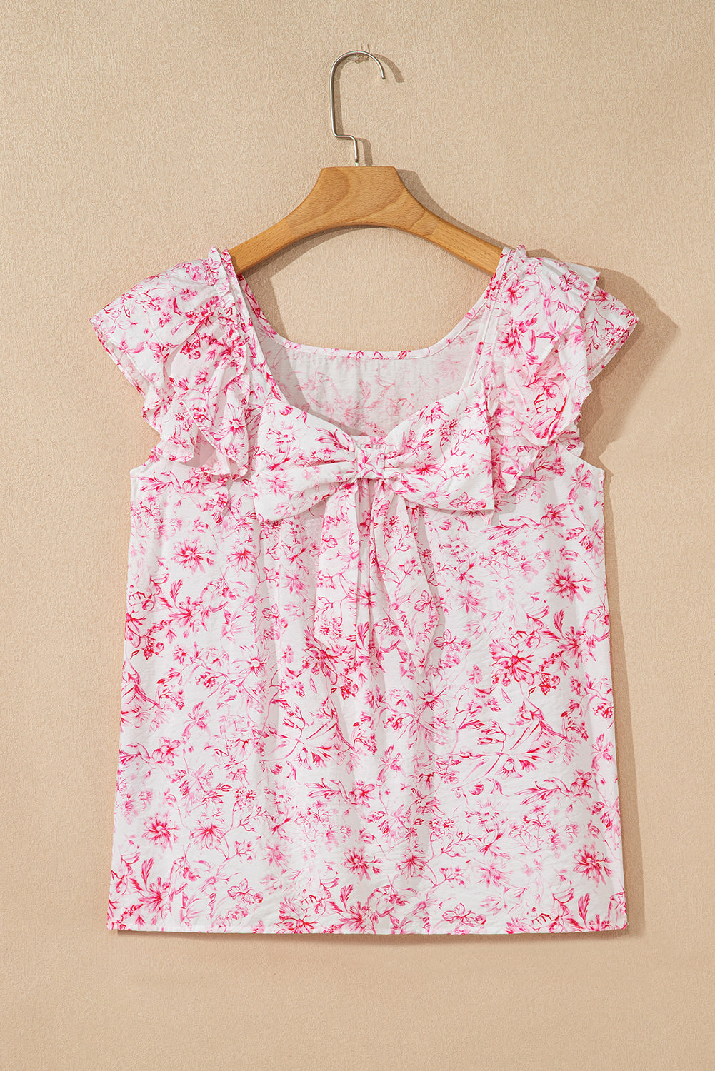 Pink Floral Ruffle Short Sleeve Bow Back Blouse