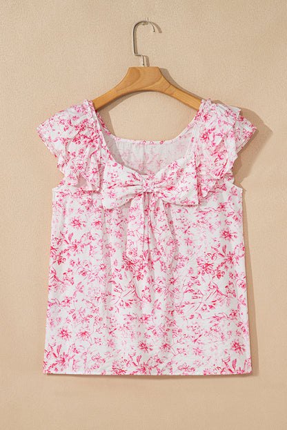 Pink Floral Ruffle Short Sleeve Bow Back Blouse