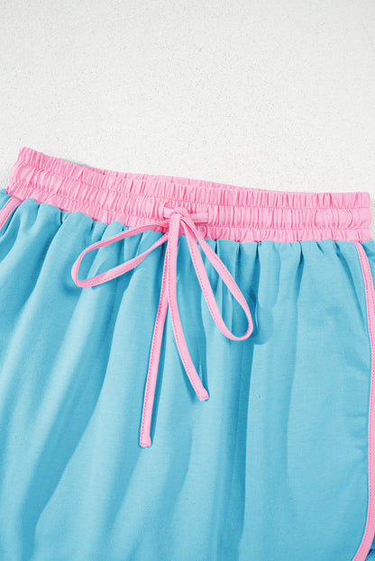 Turquoise Colorblock Edge Drop Shoulder T Shirt and Skort Set