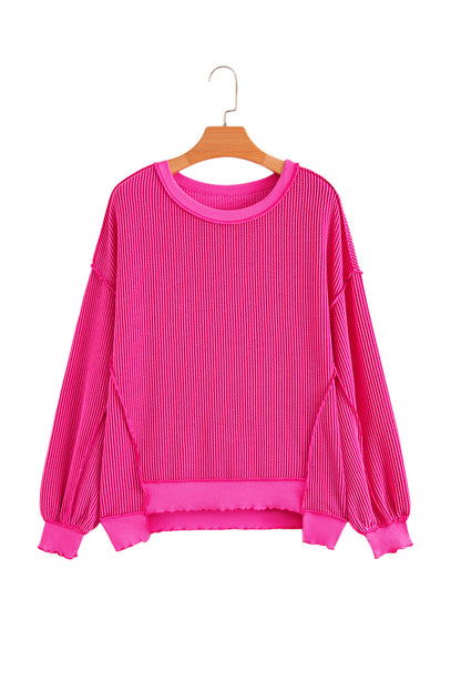 Strawberry Pink Twisted Ribbed Seamed Patchwork Long Sleeve Top