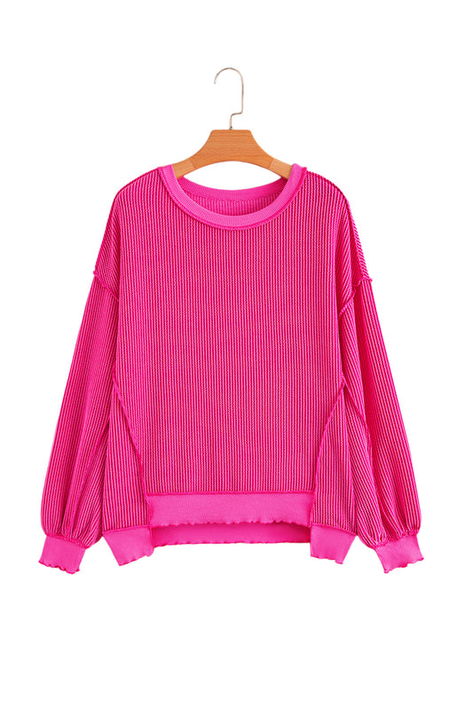 Strawberry Pink Twisted Ribbed Seamed Patchwork Long Sleeve Top