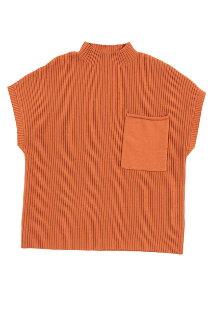 Dark Blue Patch Pocket Ribbed Knit Short Sleeve Sweater