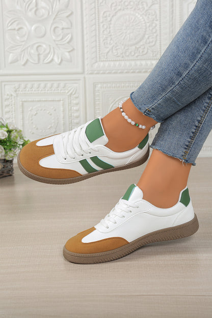 White Faux Leather Lace Up Flat Sneakers
