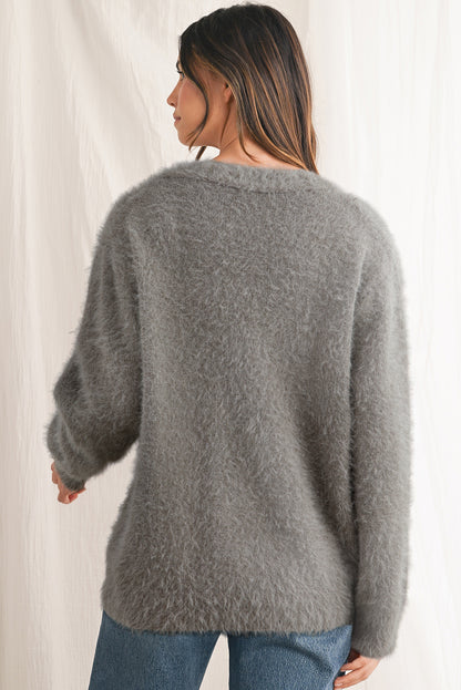 Philippine Gray Fluffy V-neck Button Sweater Cardigan