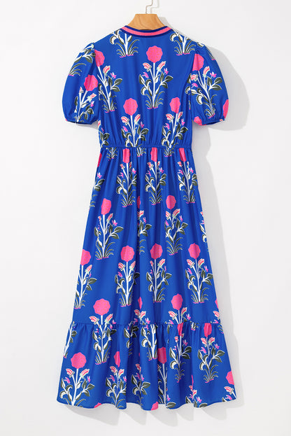 Sky Blue Floral Ruffle Hem Pop of Color Neckline Dress