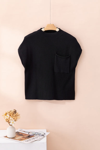 Dark Blue Patch Pocket Ribbed Knit Short Sleeve Sweater