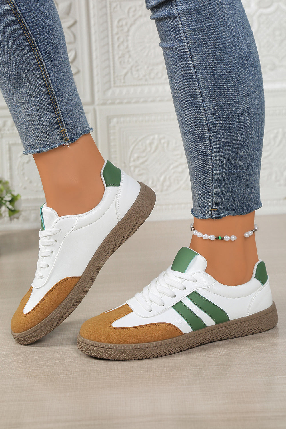 White Faux Leather Lace Up Flat Sneakers