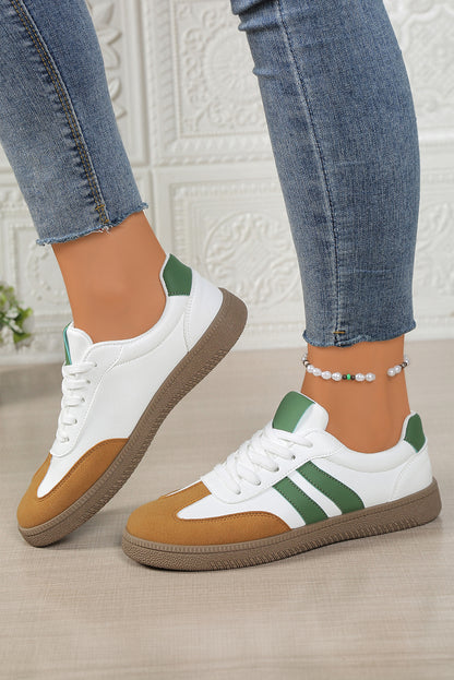 White Faux Leather Lace Up Flat Sneakers