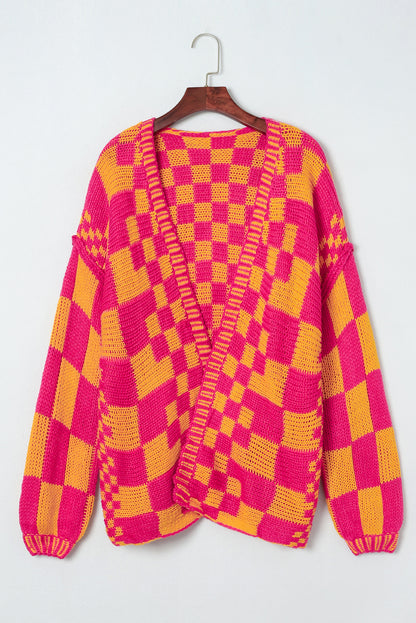 Taupe Colorblock Checked Open Front Knitted Cardigan