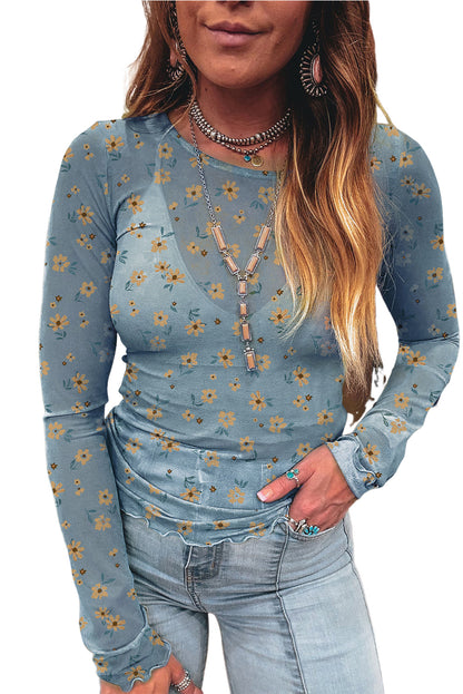 Sky Blue Floral Print Mesh Slim Fit Long Sleeve Top