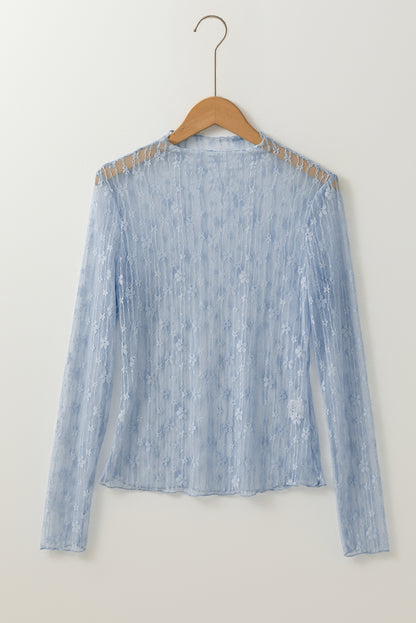 White Sheer Floral Lace Long Sleeve Slim Fit Top