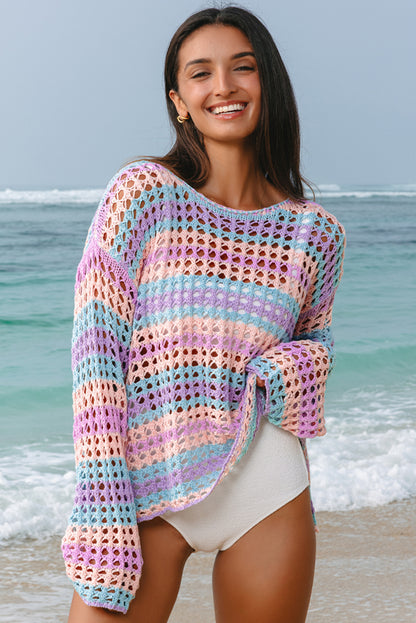 Carrot Striped Hollow Knit Summer Beach Cover Up